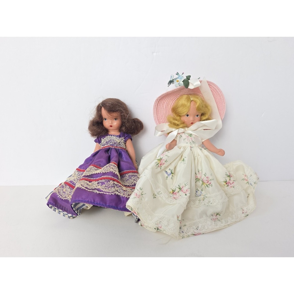 Vintage Nancy Ann Storybook Dolls pair purple white moveable heads
